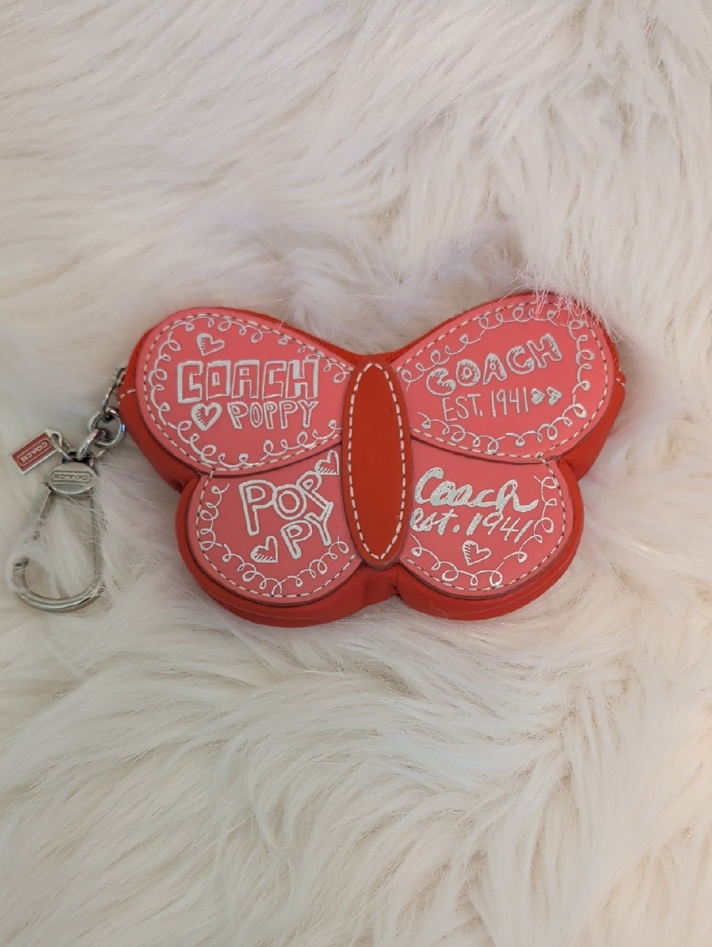 Coach Poppy Rare Vintage Butterfly Coin Case Keychain - Coral Pink